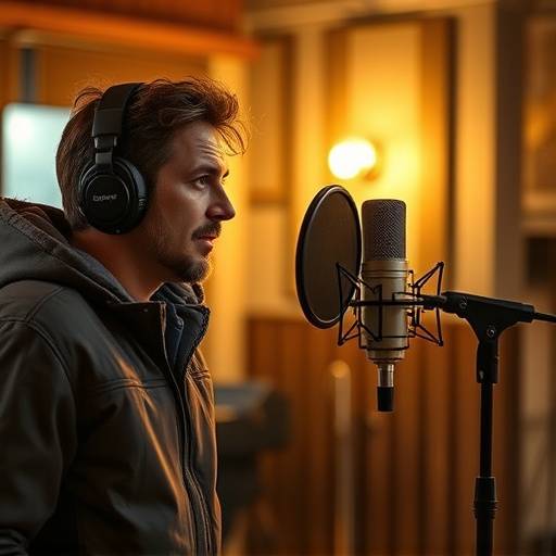 Bilde av en voiceover-session for reklame for 'Oslo Energi', med en profesjonell stemmeskuespiller.