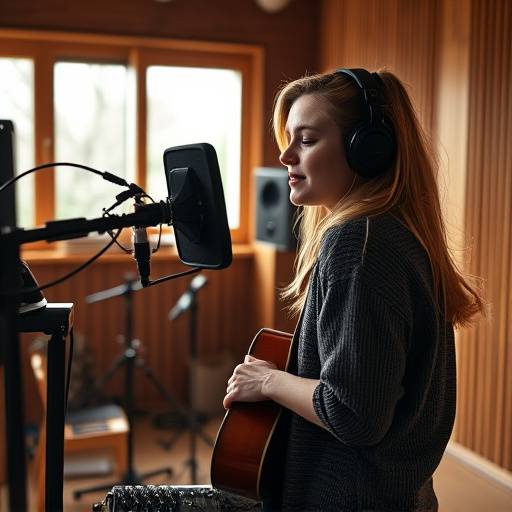 Bilde fra en innspillingssession i Lydhuset AS' studio med artisten Eva Dahl, arbeider med sin nye EP.